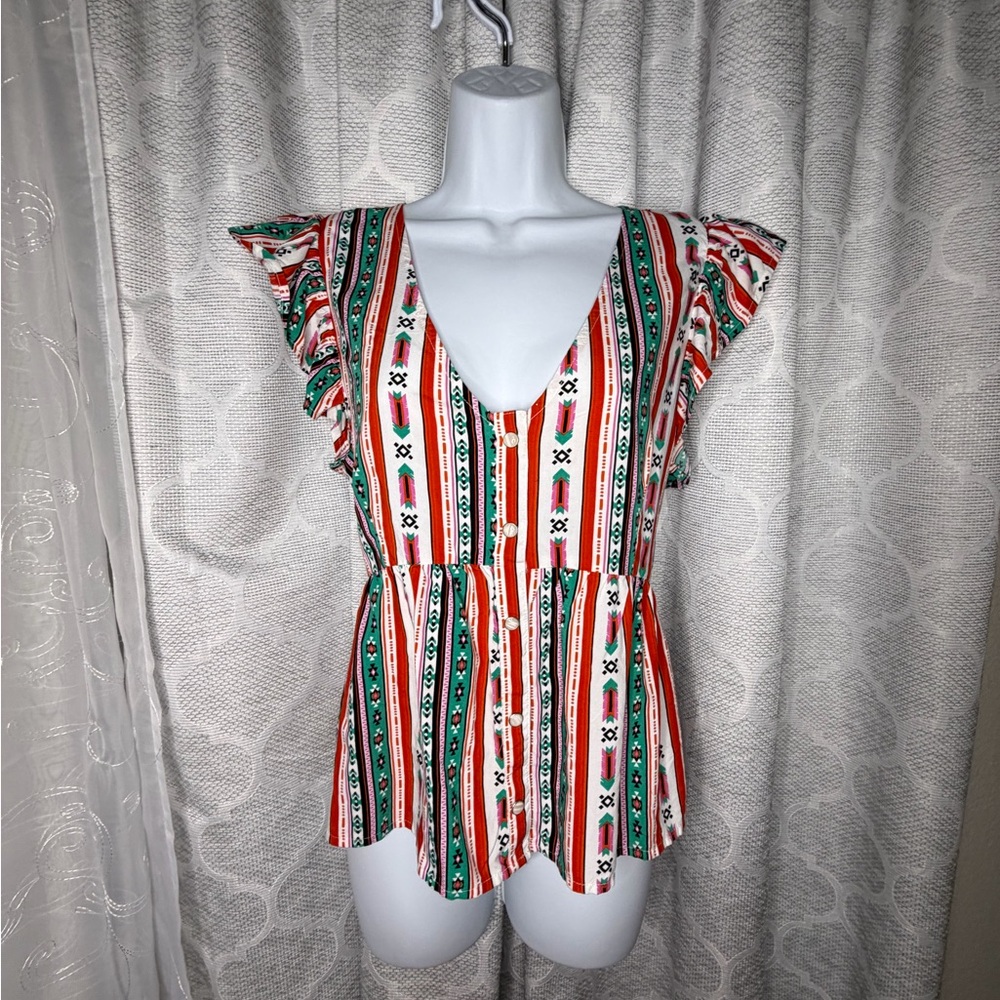 Sold❌❌❌Wrangler Retro Aztec Peplum Top Medium Rayon Western Boho Southwestern